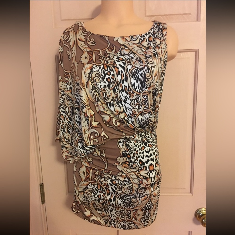 CACHE Tan White Bodycon Blouson Tunic Top Size M Medium M $125 EUC DDR Y2K - Picture 2 of 4